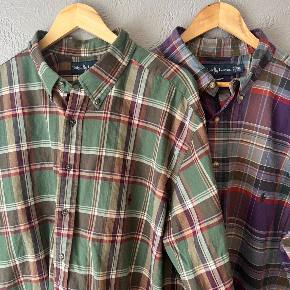 Lot of 2 Ralph Lauren Classic Fit Plaid Button Down Shirts 2XLT Green Purple